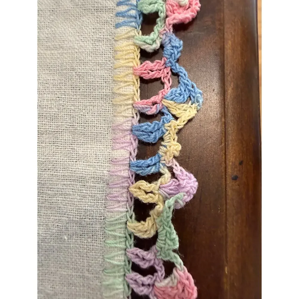 Vintage Embroidered‎ Linen Doily Pastel Crochet Lace Floral